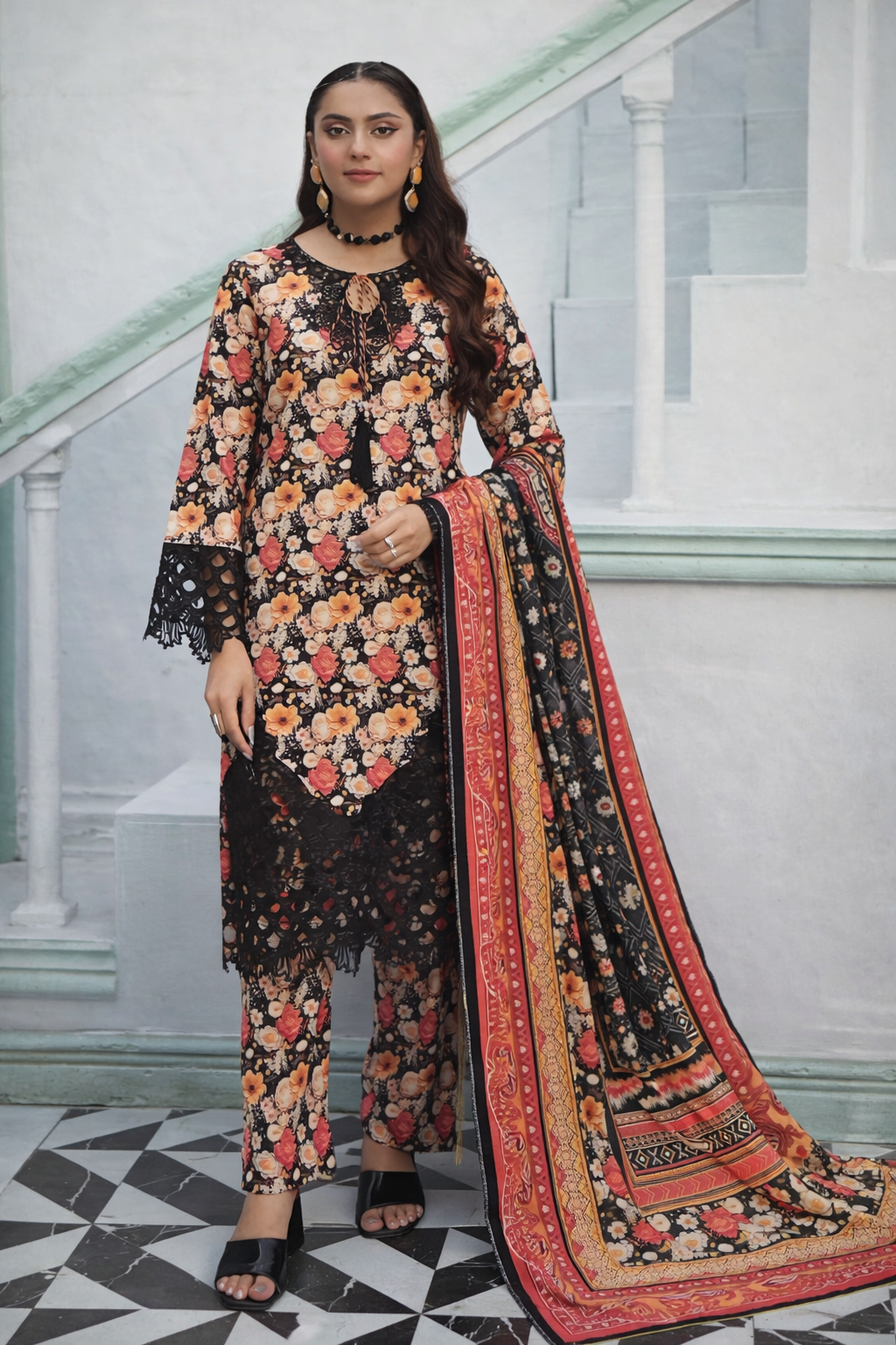 3 Piece Floral Printed Winter Ready-to-Wear Suit