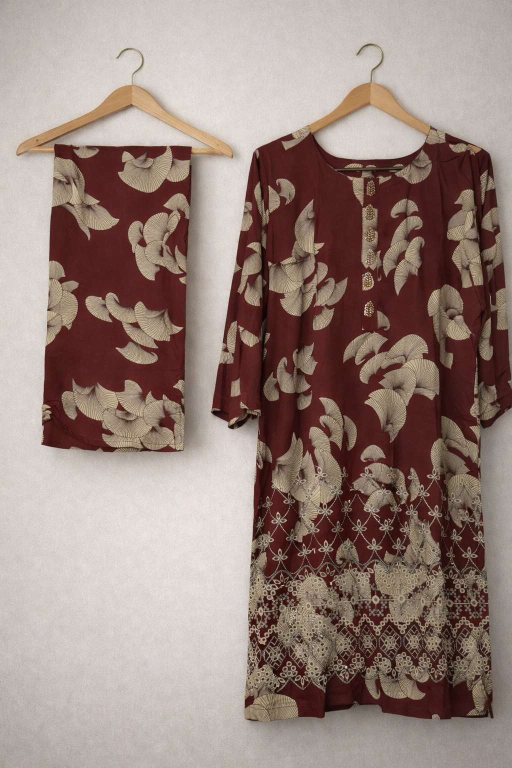 2 Piece Maroon & Gold Printed Suit