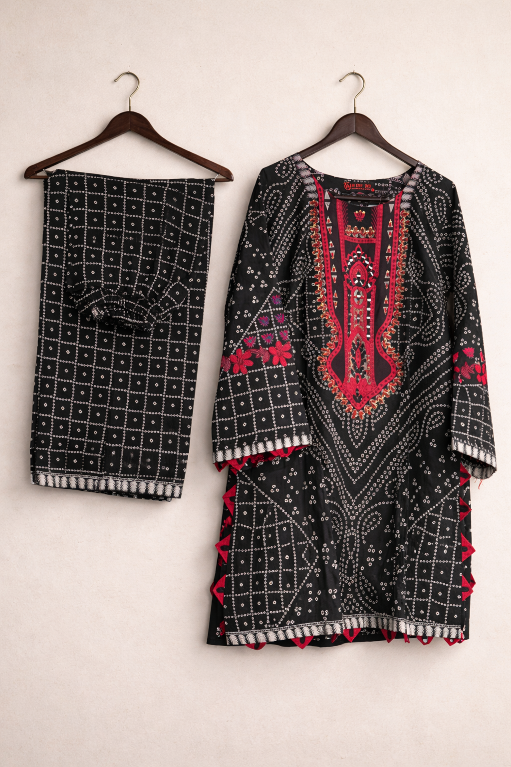 2 Piece Black Printed Cotton Kurta Set with Red Embroidered Neckline