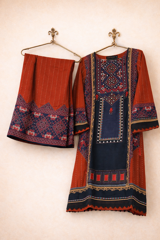 2 Piece Rust & Navy Printed Summer Suit