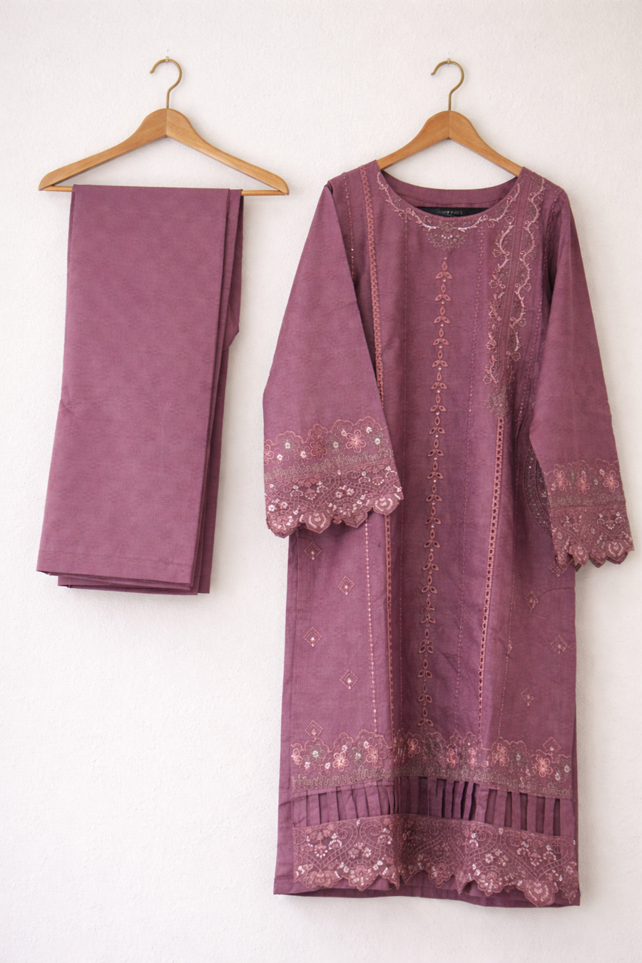 2 Piece Mauve Embroidered Cotton Kurta Set