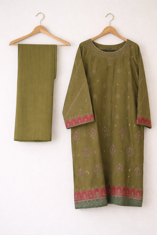 2 Piece Olive Green Embroidered Cotton Kurta Set