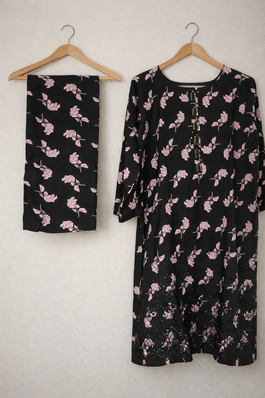 2 Piece Black & Blush Floral Printed Suit