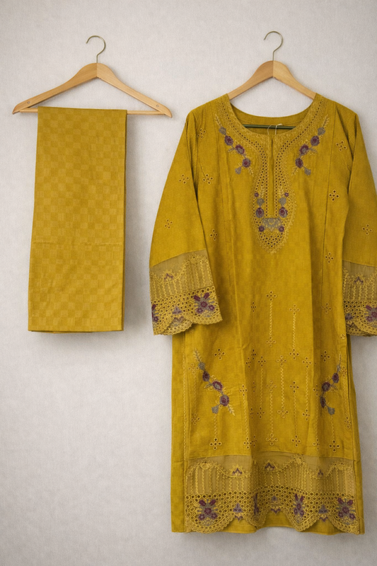 2 Piece Mustard Embroidered Kurta Set
