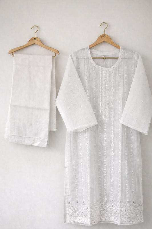 White Embroidered Cotton suit with Matching Trousers