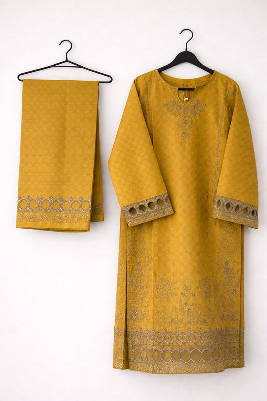 2 Piece Mustard Embroidered Winter Cotton Suit