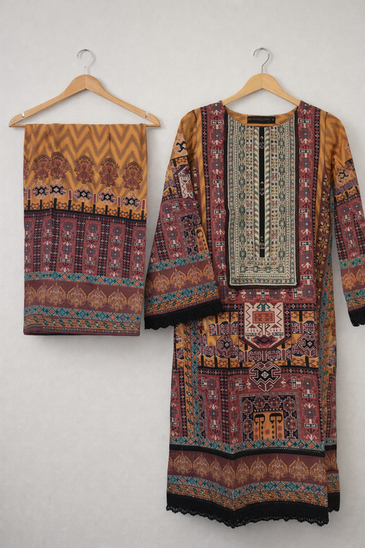 2 Piece Classic Printed Lawn Suit with Embroidered Neckline