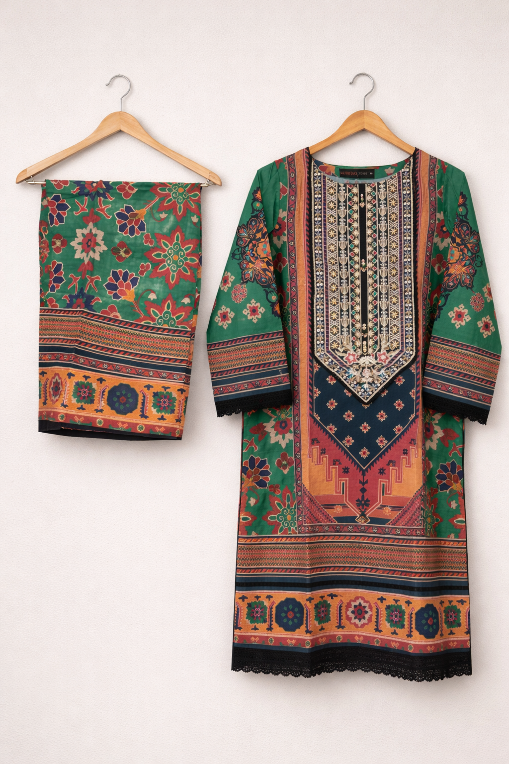 2 Piece Emerald Green Printed Lawn Suit with Embroidered Neckline