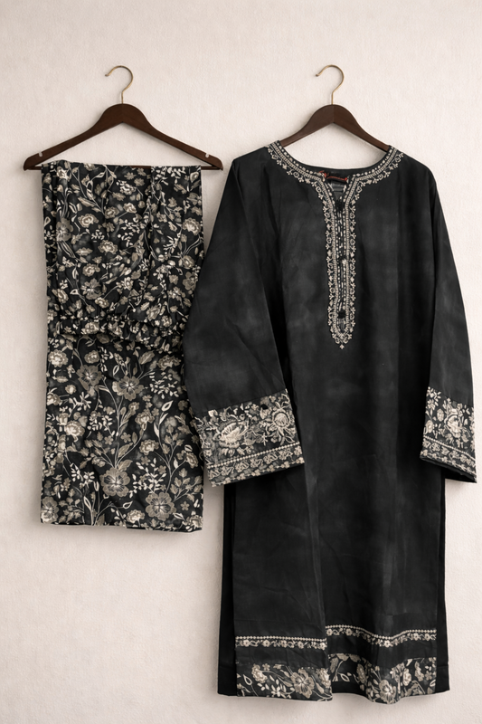 2 Piece Classic Black Embroidered Cotton Kurta Set