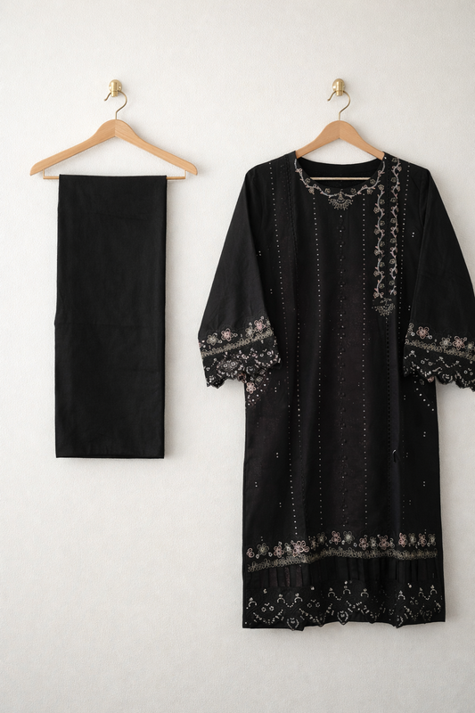 2 Piece Black Embroidered Cotton Suit