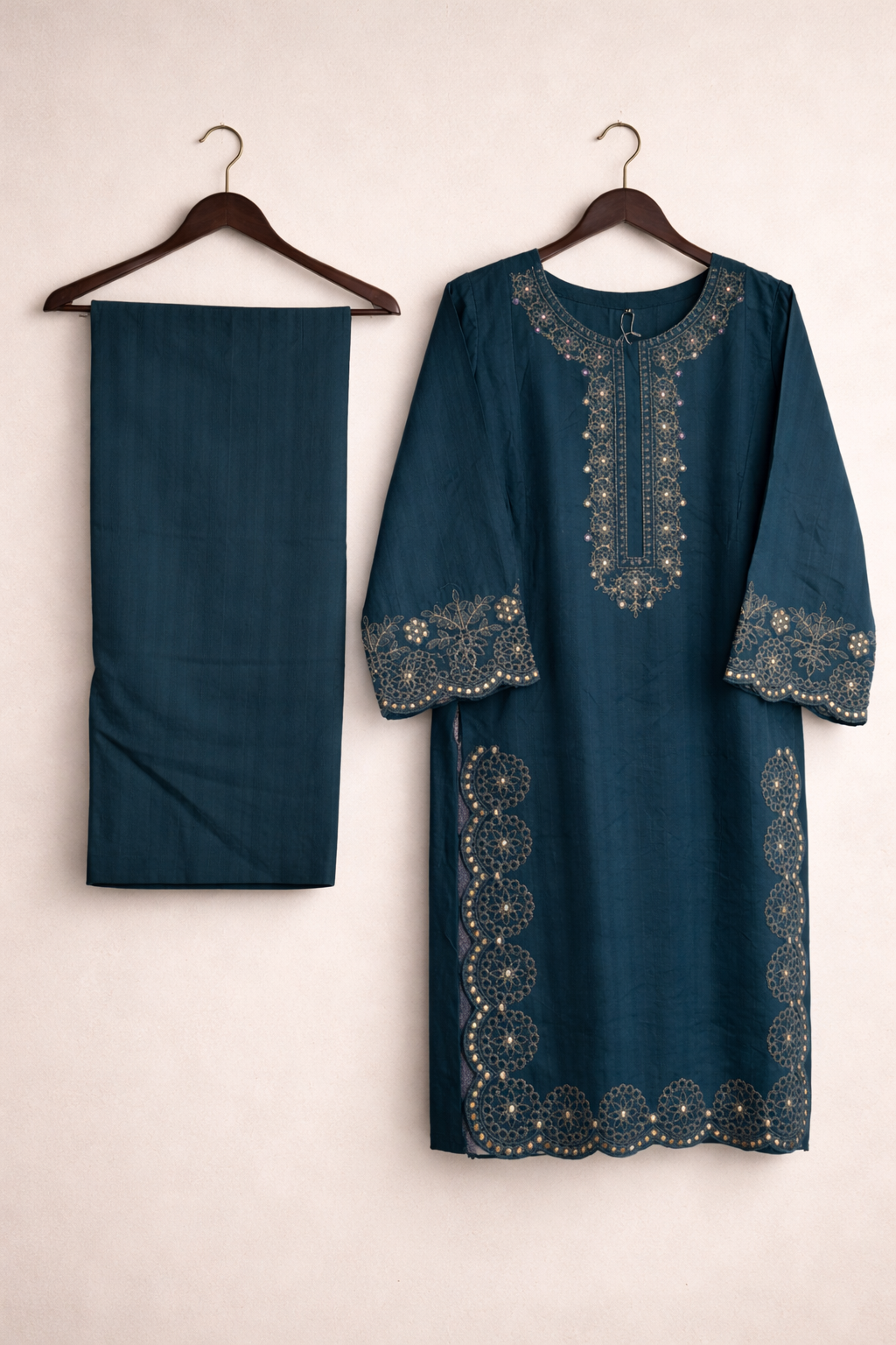 2 Piece Teal Embroidered Cotton Kurta Set