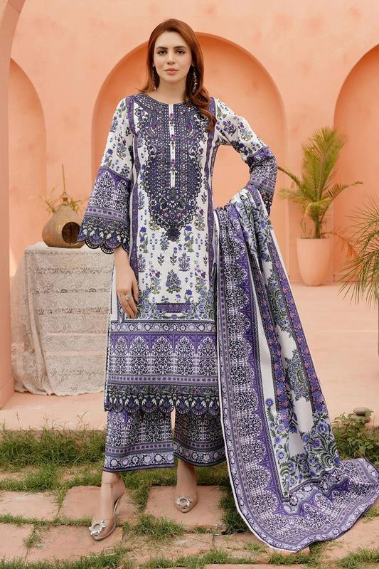 3 Piece Ivory & Indigo Floral Printed Cotton Suit